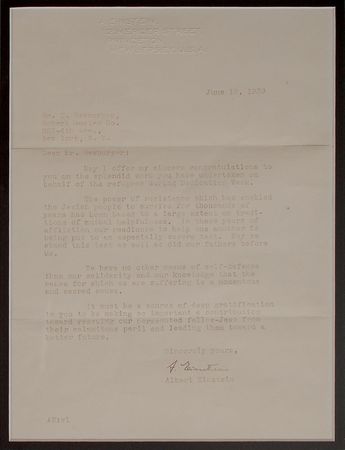 Lot #189 Albert Einstein: A thoughtful letter of congratulations for ?making so important a contribution toward rescuing our persecuted fellow-Jews from their calamitous peril? - Image 2