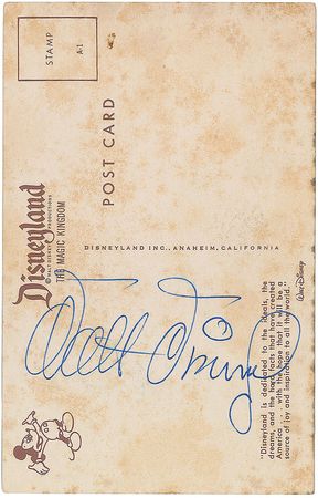 Lot #514 Walt Disney: Vintage postcard ?signed by Walt at Disneyland, the very first week Disneyland opened, July of 1955? - Image 1