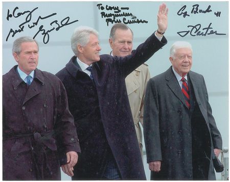 Lot #114 Four Presidents: Supremely rare Clinton Library dedication photo signed by the four living former presidents - Image 1