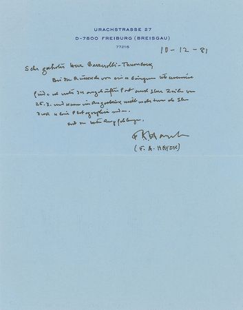 Lot #358 Friedrich Hayek Handwritten Letter Signed - Image 1