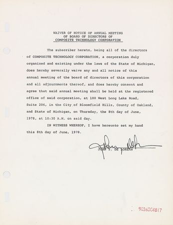 Lot #346 John DeLorean Signed Document - Image 1