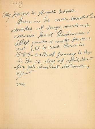 Lot #605 Huddie ‘Lead Belly’ Ledbetter: “My name is Huddie Ledbetter,” the proud folk legend pens, “Makes up songs words and music” - Image 2