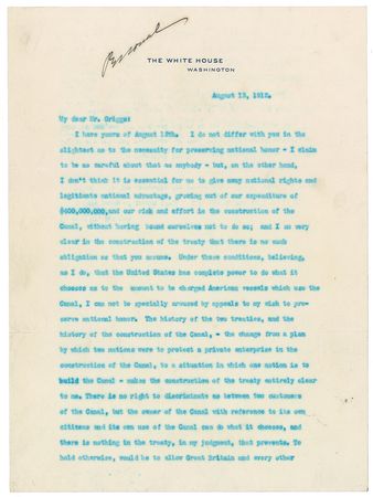Lot #61 William H. Taft: “The United States has complete power to do what it chooses as to the amount to be charged American vessels which use the Canal” - Image 1