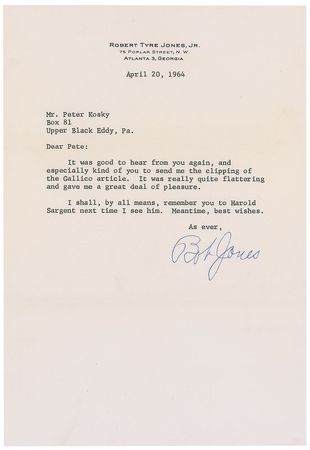 Lot #1047 Bobby Jones Typed Letter Signed - Image 1