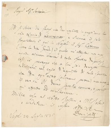 Lot #763 Gaetano Donizetti: Sending ?a thousand greetings to our Rossini? via the French impresarios who hope ?to show this year my Lucia di Lammermoor? - Image 1