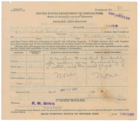 Lot #584 Amelia Earhart: Amazing document from Earhart?s first failed 1937 circumnavigation - Image 1