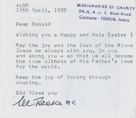 Lot #375 Mother Teresa Typed Letter Signed - Image 1