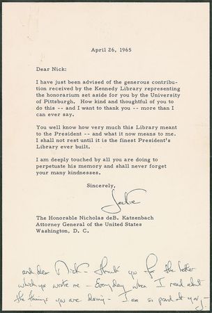 Lot #132 Jacqueline Kennedy: “I shall not rest until it is the finest President’s Library ever built” - Image 1
