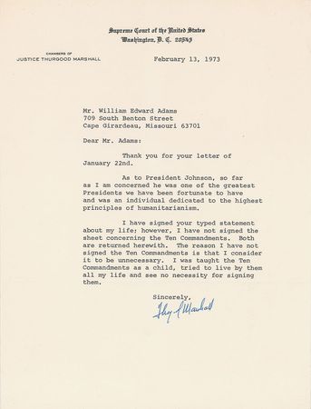 Lot #292 Thurgood Marshall: “I was taught the Ten Commandments as a child, tried to live by them all my life” - Image 1