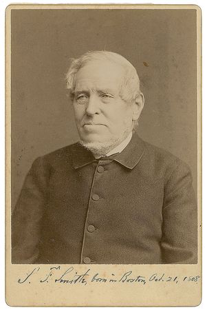 Lot #720 Samuel Francis Smith: Rare twice-signed cabinet photo of Smith, with a crisply penned stanza of ?America? on reverse - Image 1