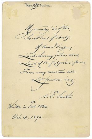 Lot #720 Samuel Francis Smith: Rare twice-signed cabinet photo of Smith, with a crisply penned stanza of ?America? on reverse - Image 2