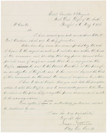 Lot #432 Isaac I. Stevens: “Orders have long since been issued prohibiting the sale of liquor to the negroes as well as to enlisted men” - Image 1