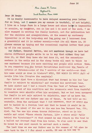 Lot #417 George S. Patton: Dignified portrait of the four-star general, with letters from his daughter: ?Our father, General Patton, was not murdered? - Image 3