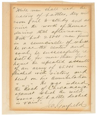 Lot #62 James A. Garfield: ?He was indeed the ?Rock of Chicamauga? against which the wild waves of a battle dashed in vain? - Image 1