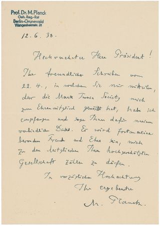Lot #306 Max Planck: ?The Mark Twain Society has elected me as an honorary member? - Image 1