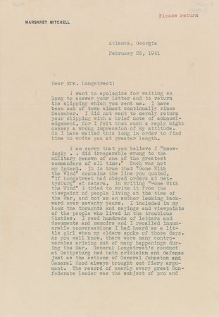 Lot #523 Margaret Mitchell: Defending Gone With the Wind’s commentary on Longstreet to his outspoken widow - Image 1
