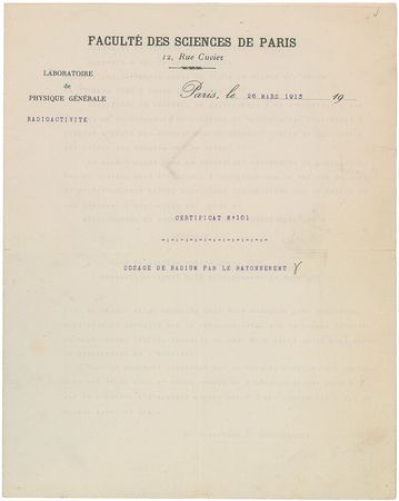 Lot #295 Marie Curie: “Radium Dosage by Radiation”—an exceptional early Curie lab report - Image 1