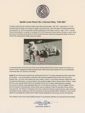 Lot #451 Apollo 15: Lunar license plate carried on all three Apollo 15 moonwalks - Image 2