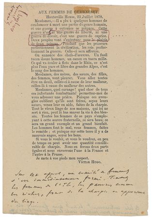 Lot #584 Victor Hugo: Hugo the antiwar activist: ?All the women from the island, the poor as the rich, are shredding linen or bringing cloth? - Image 1