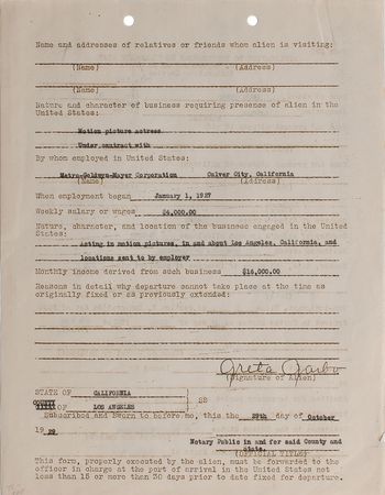 Lot #760 Greta Garbo Signed Document - Image 1