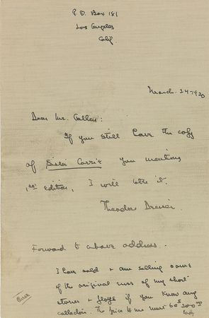 Lot #611 Theodore Dreiser Handwritten Letter Signed - Image 1