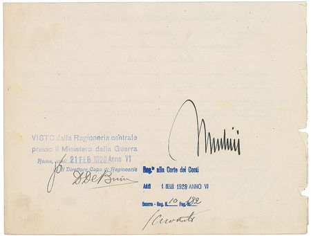 Lot #309 Benito Mussolini and Vittorio Emanuele III Signed Document - Image 1