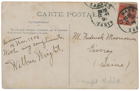 Lot #425 Wilbur Wright: Exceptional photo of the Wright Model A, signed during his tests at “Lemans, 12 Nov. 1908” - Image 1