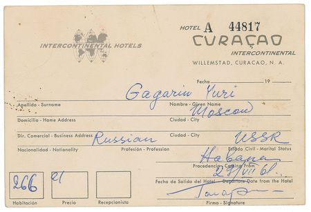Lot #6029 Yuri Gagarin Signed Hotel Card
