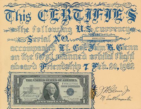 Lot #6087 Guenter Wendt?s Mercury-Atlas 6 Friendship 7 Flown Dollar Bill - Image 1
