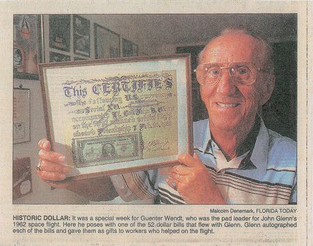 Lot #6087 Guenter Wendt?s Mercury-Atlas 6 Friendship 7 Flown Dollar Bill - Image 3