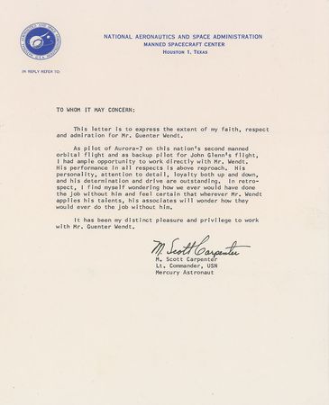 Lot #6097 Scott Carpenter Signed Letter of Recommendation - Image 1