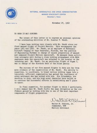 Lot #6098 Wally Schirra Signed Letter of Recommendation - Image 1