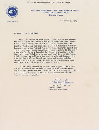 Lot #6099 Gordon Cooper Signed Letter of Recommendation - Image 1
