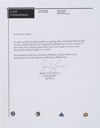 Lot #6460 James Lovell’s Apollo 13 Franklin Mint Medallion - Image 3