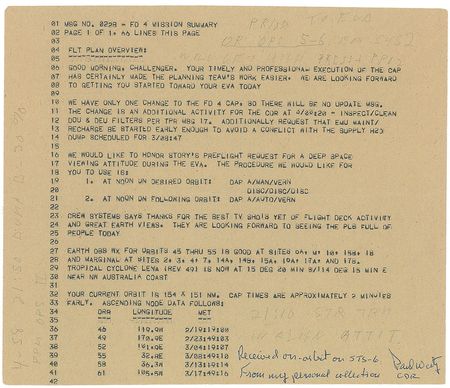 Lot #6646 STS–6: Paul Weitz’s Pair of Flown Teleprinter Pages - Image 1