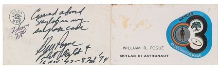 Lot #6611. Skylab 4: Bill Pogue&rsquo;s Flown Business Card