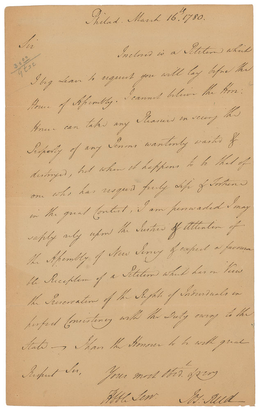 Lot 225 Joseph Reed: Reed speaks out against seeing ?the property of any of the Penns wantonly wasted & destroyed?