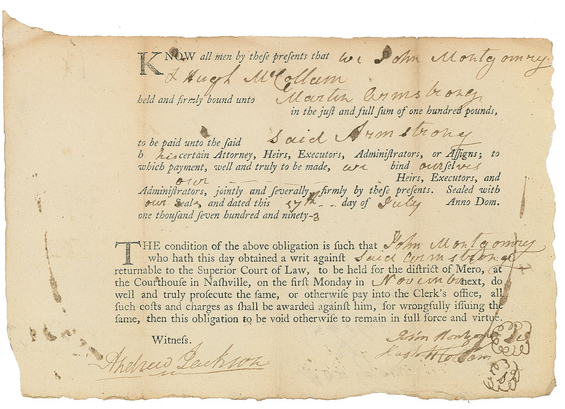 Lot 33 Andrew Jackson: Extremely early 1793 Andrew Jackson document