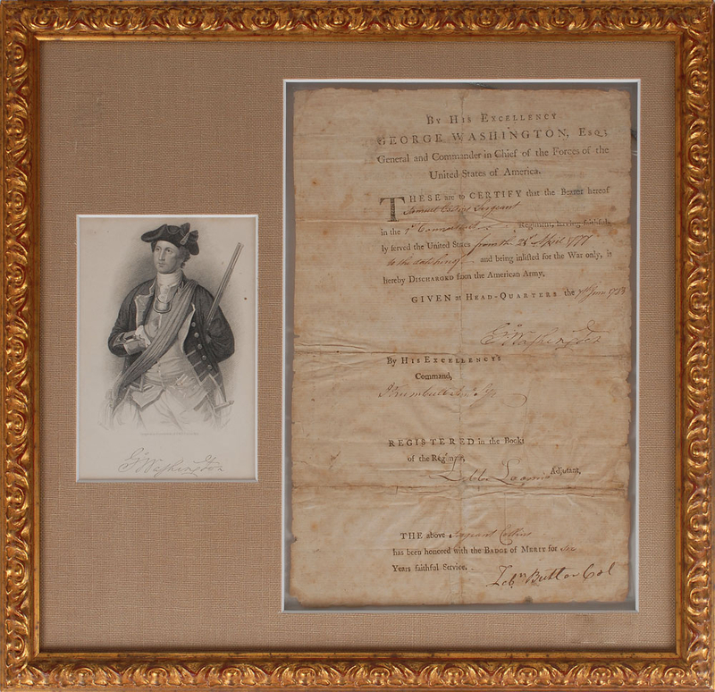 Lot 916 George Washington: 1783 Continental Army discharge awarding a Badge of Merit to Sergeant Samuel Collins