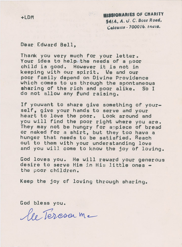 Lot 365 Mother Teresa Typed Letter Signed