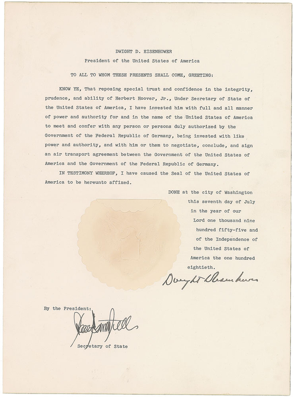 Lot 121 Dwight D. Eisenhower: Naming Herbert Hoover, Jr., to negotiate an “air transport agreement” with West Germany