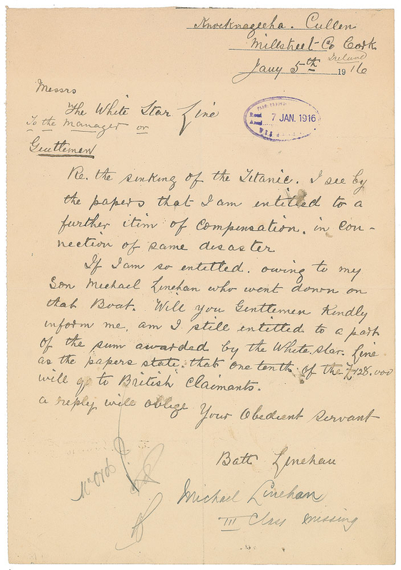 Lot 312 Titanic: ?Re. the sinking of the Titanic?