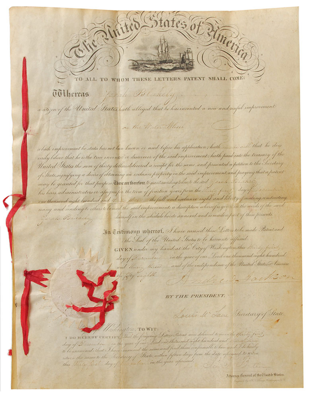 Lot 35 Andrew Jackson: Presidential patent for an “improvement in the Water Wheel”