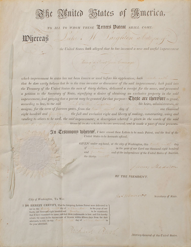 Lot 16 James Madison and James Monroe: Two presidents issue a patent for “a Pivot Gun Carriage”