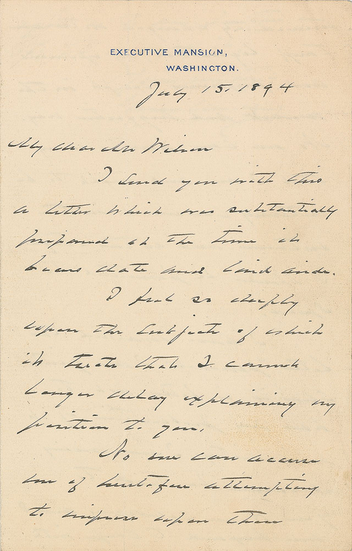 Lot 74 Grover Cleveland: “Subjection to any rate of tariff taxation, great or small, is alike violative of Democratic principle and Democratic good faith”
