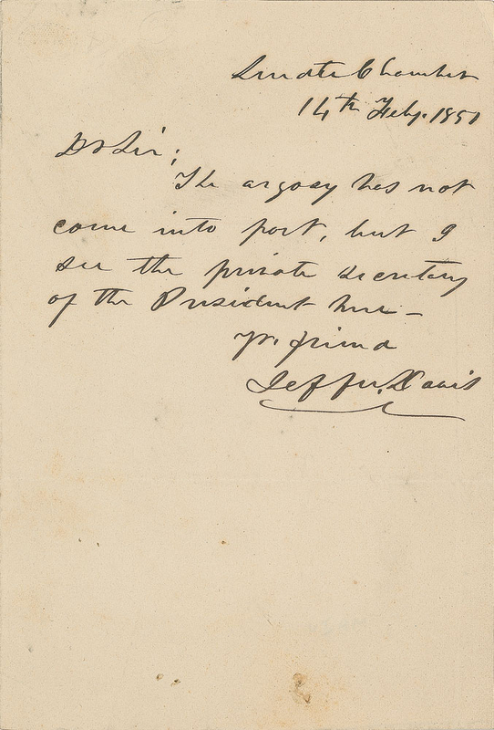 Lot 406 Jefferson Davis: Senator Jefferson Davis meets with ?the private secretary of the President?