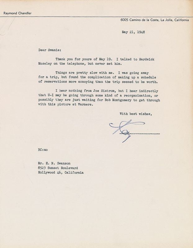 Lot 564 Raymond Chandler Typed Letter Signed