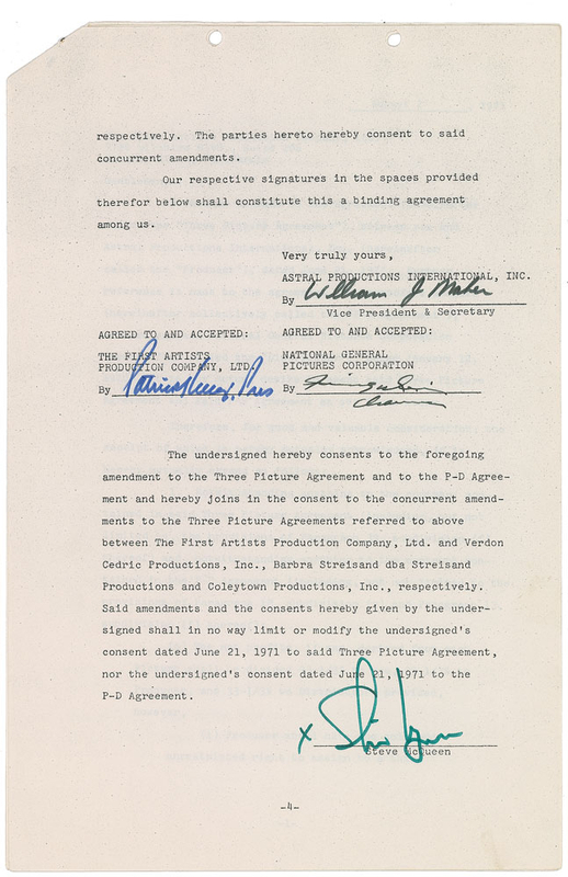 Lot 792 Steve McQueen: Revision to a three picture deal for McQueen’s First Artists company