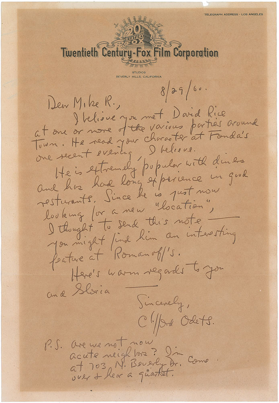 Lot 636 Clifford Odets: “He read your character at Fonda’s one recent evening, I believe”