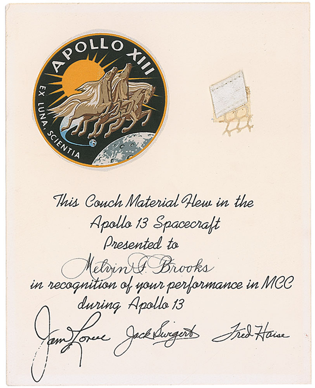 Lot 484 Apollo 13: Flown material presented “in recognition of your performance in MCC during Apollo 13”